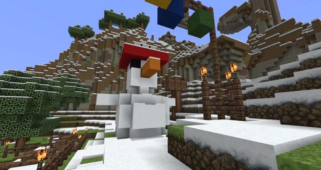 a snowman is built nearby using blocks